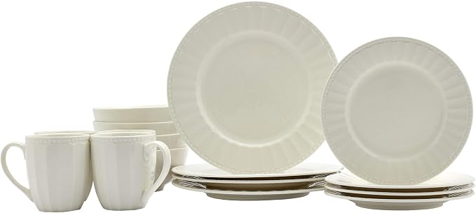 TTU Tabletops Gallery Embossed Bone White Porcelain Round Dinnerware Collection- Chip Resistant Scratch Resistant, Mosaico 16 Piece Dinnerware Set (Dinner Plate, Salad Plate, Cereal Bowl, Mug) - Image 3