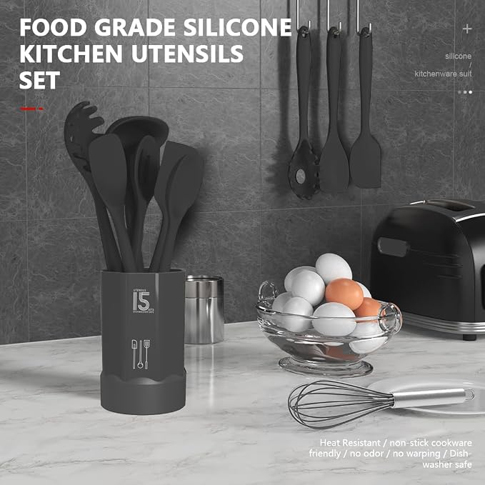 AOTHOD Silicone Cooking Utensils Set - 446°F Heat Resistant Kitchen Utensils,Spatula Sets,Turner Tongs,Spoon,Kitchen Utensil Gadgets Tools Set for Nonstick Cookware,Dishwasher Safe BPA Free (Gray) - Image 2