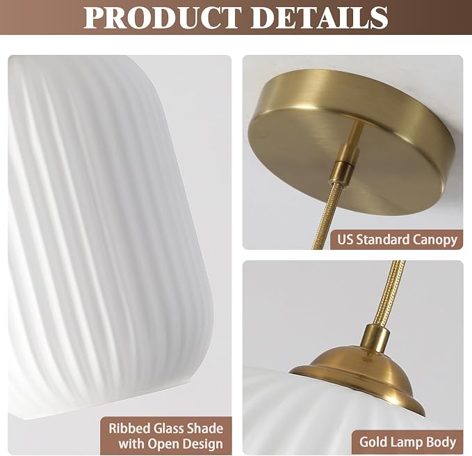 KCO Lighting Brass Gold Mini 5.5” Ribbed Cylinder White Glass Pendant Light | Adjustable Cord E26 Hardwired Hanging Lamp Mid Century Modern Vintage Hanging Light for Kitchen Island Bedroom Dining Room - Image 3