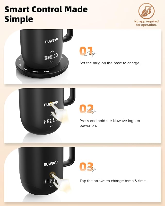 Nuwave Smart Heated Coffee Mug with Custom Brew Modes, Rechargeable, 16oz | Self Heating Temperature Control Mug with LED Display, Double-Wall Vacuum Insulation, 5-Hour Battery Life, Auto Shut-Off - Image 10