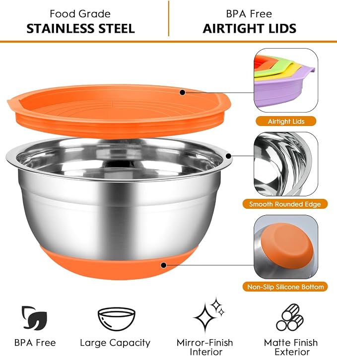 Mixing Bowls with Airtight Lids, 18pcs Stainless Steel Mixing Bowls Set | Nesting Non-slip Silicone Bowls Bottom, Size 4.5, 3.6, 2.7, 2.1, 1.7, 1.1, 0.7 qt, Fit for Mixing & Serving(Colorful ) - Image 2