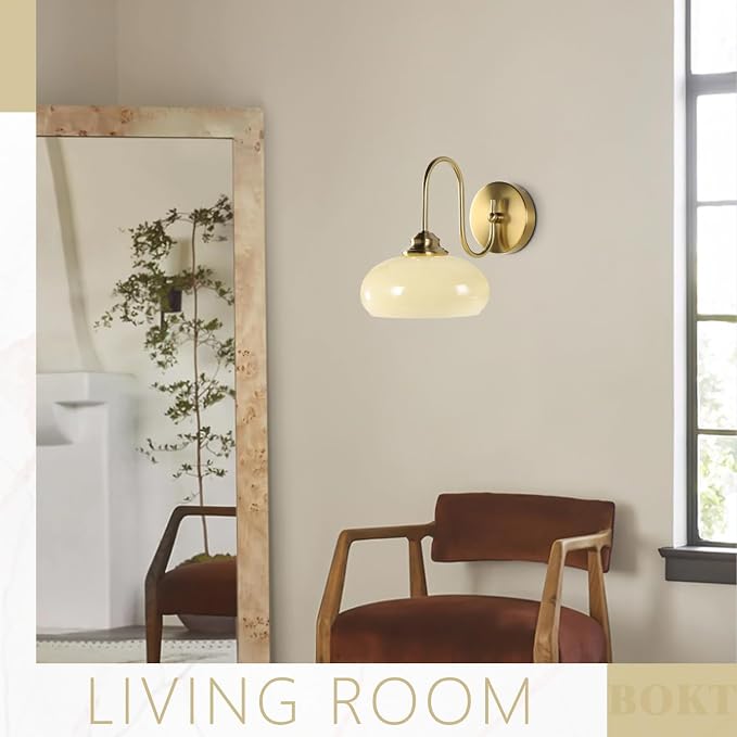 7.9" Yellow Glass Wall Sconce Mid Century Modern Kitchen Globe Wall Lamp Elegant Brushed Brass Wall Light Fixture Hardwired for Living Room, Bedroom, Bathroom - Image 4