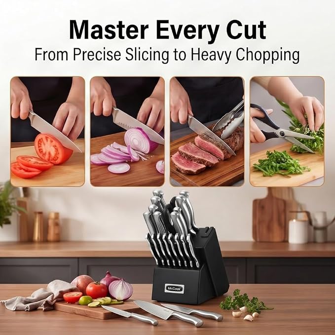 McCook Knife Set Sharp Kitchen Knife Block Set w Built-in Sharpener | German Forged Stainless Steel, 20 PC,Razor Sharp,Anti-Rust,Restaurant Grade,Ergonomic Handle,Full Tang, Gift Box - Image 6