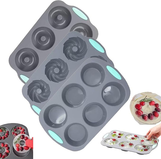 Wreath Ice Cube, Christmas Silicone Wreath Shaped Ice Cube Tray and Snowflake Mold Set, 6 Hole Mini Bund and Cake Pan Candy Bakeware for Holiday Cocktails Ice Cubes DIY Crafts (A+B+C)