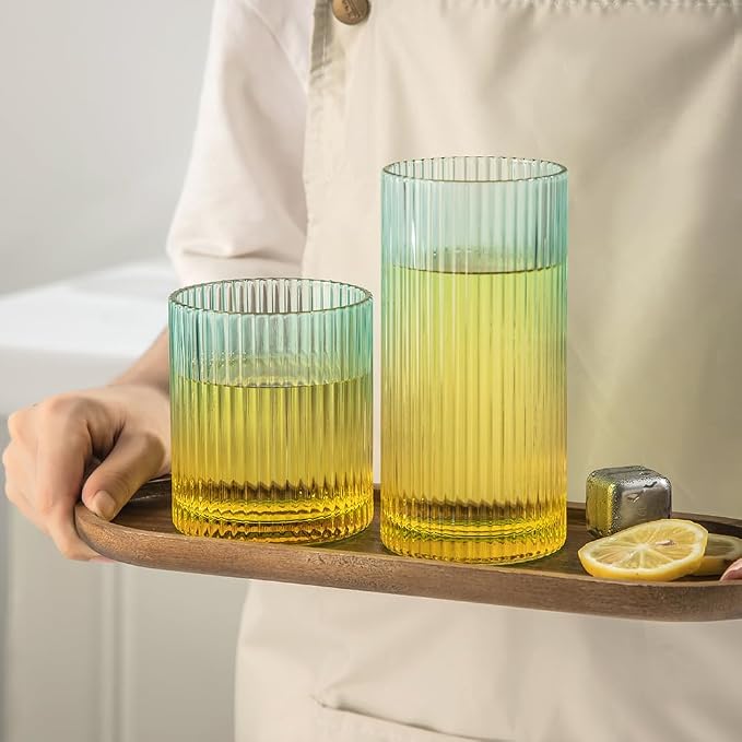 Ribbed Drinking Glasses 8pcs, 12oz and 10oz Glassware, Tumbler Glasses Cup Set for Wedding, Party, Christmas Gift, Golden Green - Image 6