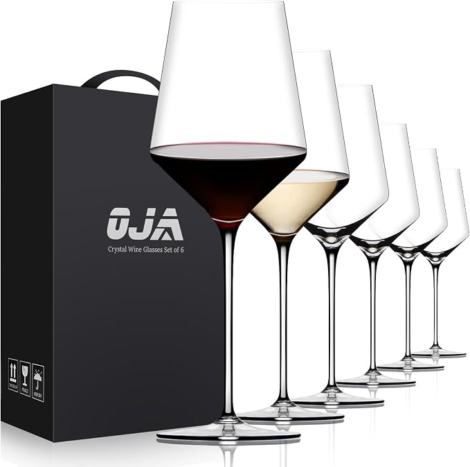 OJA Wine Glasses Set, Crystal Red Hand Blown Wine Glass, Set of 6, 15 oz | Long Stem, Thin Rim, Premium, Perfect for Red or White, Daily Use, Unique Wedding Anniversary or Birthday Gift by oja