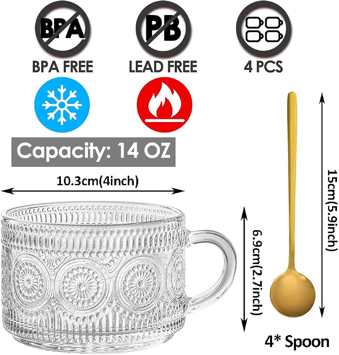 Vintage Glass Coffee Mugs Set of 4, 14 Ounces Embossed Glass Coffee Cups Stackable Coffee Mugs for Cereal, Yogurt, Latte, Clear Breakfast Cups with Handle for Beverages (Sunflower*4) - Image 2
