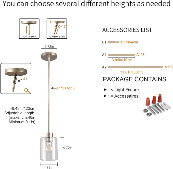 Brushed Nickel Pendant Lights,Modern Farmhouse Pendant Light,Light Fixture Kitchen Pendant Mini Hanging Light for Sink Island,Adjustable Height,Home Décor Lighting(Brushed Nickel 1 pack Stem Rod) - Image 5