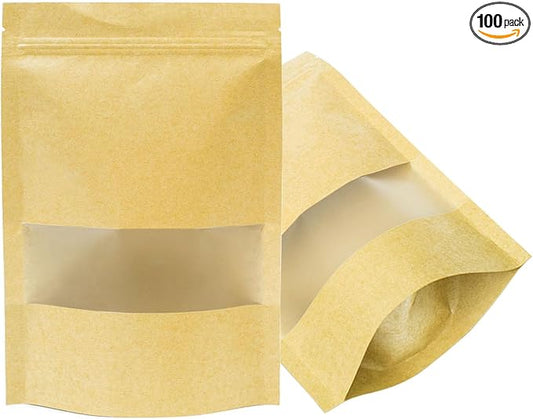 100 Pcs Kraft-Paper-Bags with Window, 5.5 x 7.9 inch Stand Up Zipper Pouches Bags, Zip Lock Food Storage Bag for Packaging Products, Reusable, Sealable by TAGLUMO
