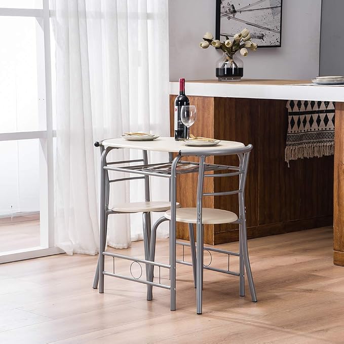 VINGLI 3 Piece Dining Set, Small Kitchen Table Set for 2, Breakfast Table Set, Kitchen Wooden Table with 2 Chairs for Small Space/Dining Room/Apartment, Metal Frame, Wine Rack, Beige - Image 5