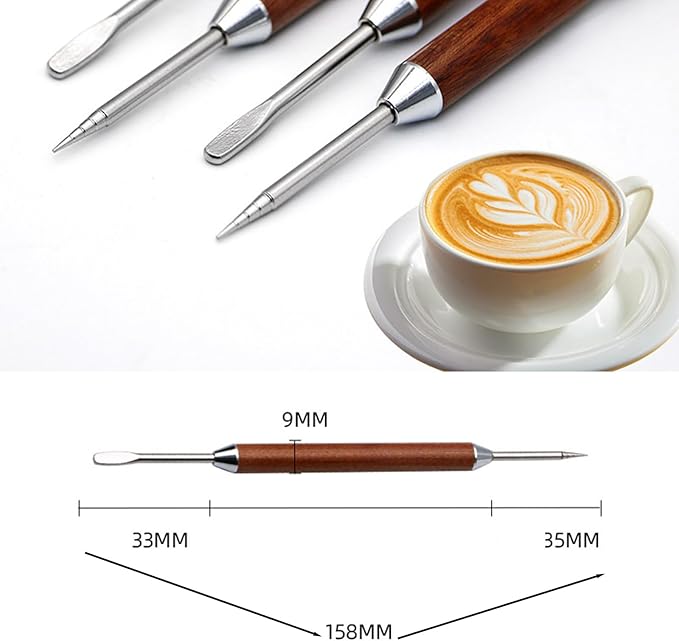 2 PCS Latte Art Pen Cinnamon Pen for Coffee,Stainless Steel Coffee Art Pen Coffee Fancy Stitch,Dual-Ended Latte Art Pen,Barista Coffee Latte Art Tools, Coffee Latte Needle with Wood Handle