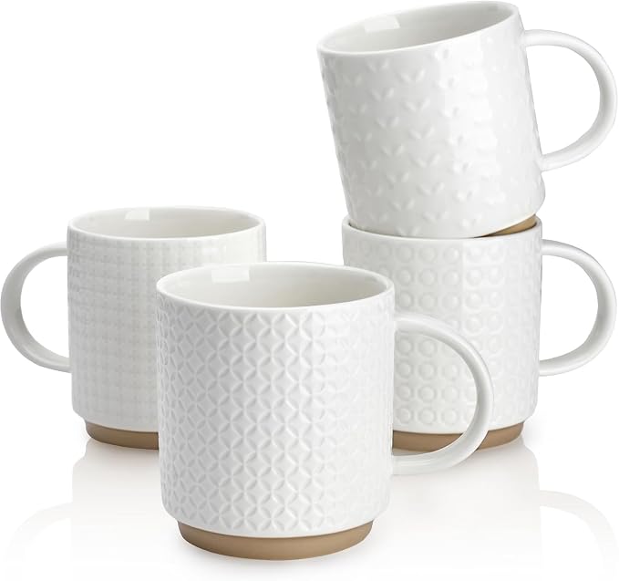 Sweese Stackable Coffee Mugs Set of 4, 10 oz Porcelain Coffee Cups with Embossed Design, White Cappuccino Cups for Coffee, Latte by Sweese