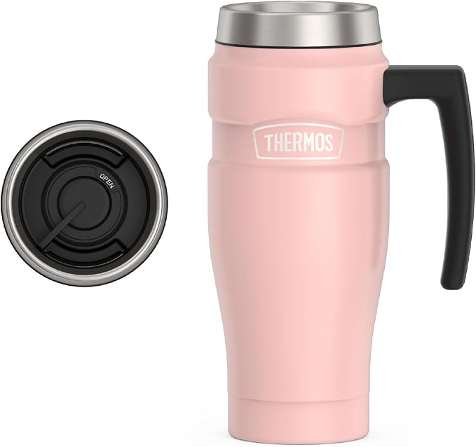 THERMOS Stainless King Vacuum-Insulated Travel Mug with Handle - 16oz, Matte Pink Tumbler for Hot & Cold Drinks - Leak & Sweat-Proof Stainless Steel Coffee Mug with Lid for Commuting by Thermos