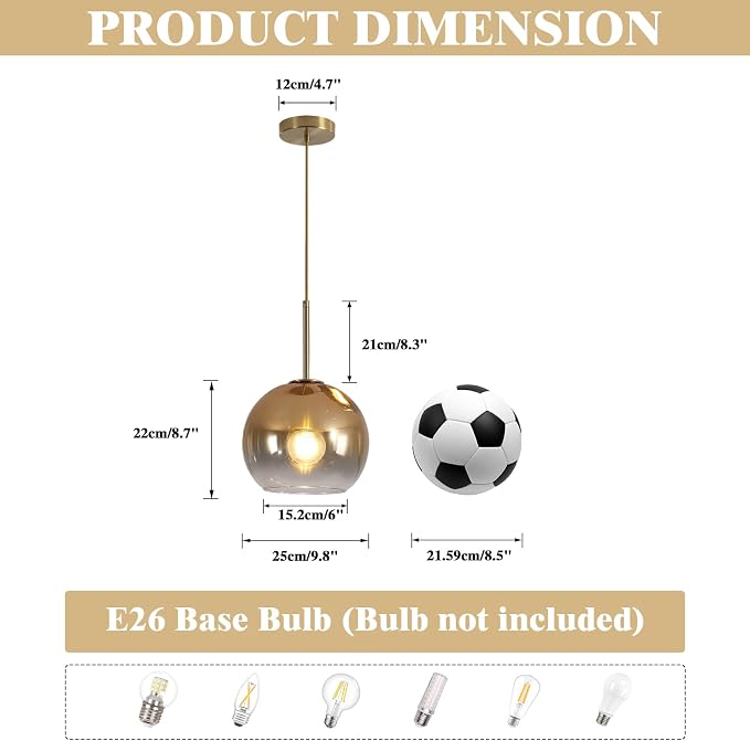 KCO Lighting 1-Light Modern Glass Pendant Lights Large Gold Globe Pendant Light Mid Century Single Pendant Light Kitchen Island Dining Room Lighting Fixtures Ceiling Hanging - Image 2