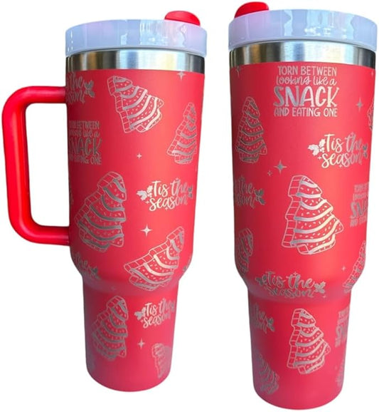 Tumbler, 40oz Tumbler, Western Tumbler, Engraved Cup with Handle, Cute Coffee Mug, 40oz Coffee Mug (Red-Christmas cake)