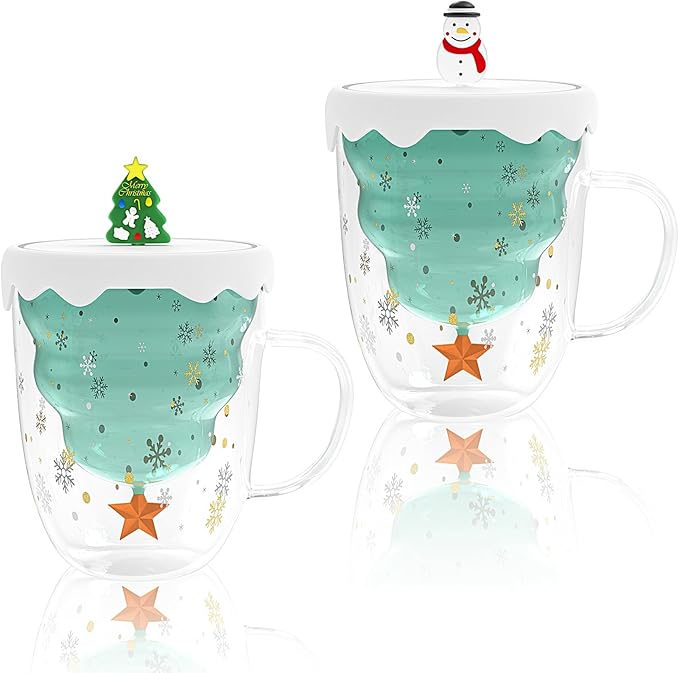 2 Pack Christmas Mugs, Double Walled Borosilicate glass mug set with Snowflake Lid, Cute Mugs for Hot Cocoa and Coffee, 300ml Christmas tree mugs Holiday Gifts for Family, Friend