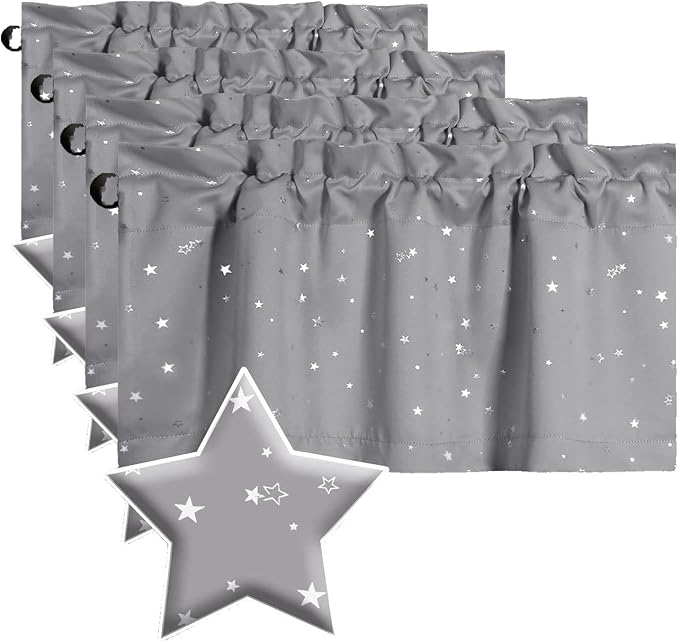 H.VERSAILTEX Blackout Curtain Valances for Kitchen Window/Living Room/Bathroom Privacy Added Rod Pocket Home Decoration Winow Valance, 52" W x 18" L, Glitter Stars in Gray Base (Pack of 4) by HVERSAILTEX