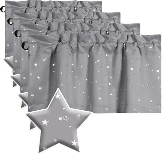 H.VERSAILTEX Blackout Curtain Valances for Kitchen Window/Living Room/Bathroom Privacy Added Rod Pocket Home Decoration Winow Valance, 52" W x 18" L, Glitter Stars in Gray Base (Pack of 4) by HVERSAILTEX