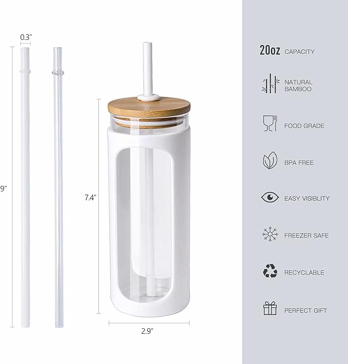 Kodrine 20oz Glass Water Tumbler with Straw and Lid, Bamboo Lids Water Bottle, Iced Coffee Cup Reusable, Wide Mouth Smoothie Cups with Protective Silicone Sleeve BPA FREE-White