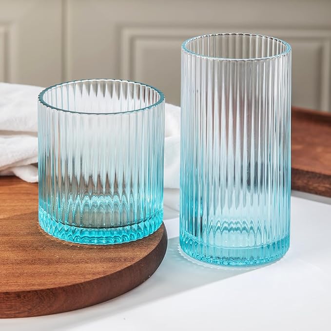 Ribbed Drinking Glasses 8pcs, 12oz and 10oz Glassware, Tumbler Glasses Cup Set for Wedding, Party, Christmas Gift, Blue by Lumkit