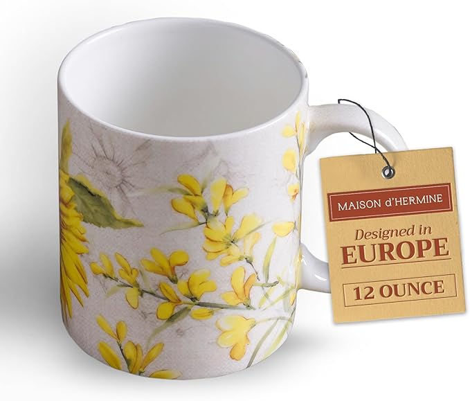 Maison d' Hermine Coffee Mug with Handles Tea Cups (12 Ounce, Pack of 1) | Fine Bone China Coffee Mugs for Hot Beverages Cappuccino Latte Home Restaurant Hotel Spring Summer -Candice - Helianthe by MaisondHermine