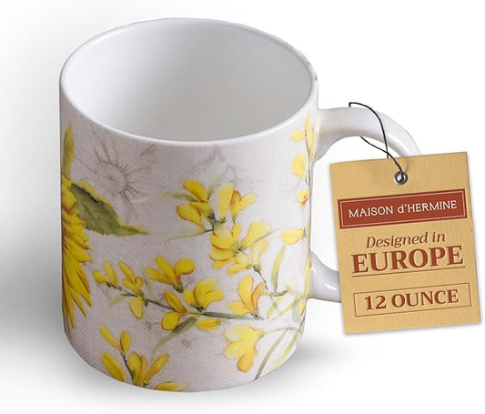 Maison d' Hermine Coffee Mug with Handles Tea Cups (12 Ounce, Pack of 1) | Fine Bone China Coffee Mugs for Hot Beverages Cappuccino Latte Home Restaurant Hotel Spring Summer -Candice - Helianthe by MaisondHermine