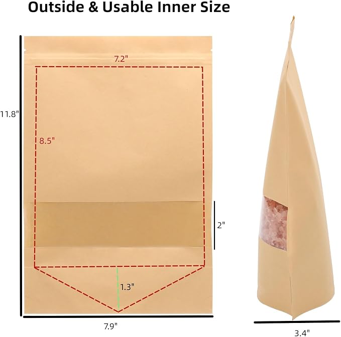 Tecbeauty 100pcs Kraft Paper Stand Up Pouches Zipper Lock Resealable Food Storage Bags with Window for Packing Cookies, Dog Treats (7.9 x 11.8 inch) - Image 2