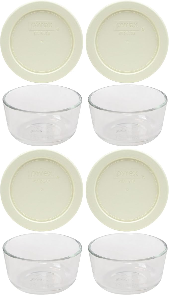 Pyrex 7202 1-Cup Bowls & 7202-PC Sour Cream Lids (4-Pack) - Made in USA | 7202-PC | Nonporous Surface | BPA-Free Covers | Stain-Resistant | Nestable Profile | Top-Rack Dishwasher-Safe by Pyrex