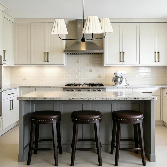 Mid-Century Modern Chandelier - 3-Light Kitchen Island & Dining Room Pendant with Matte Black Frame, Natural Conical Ivory Pleated Linen Shades, 120° Equal Arms - Image 7