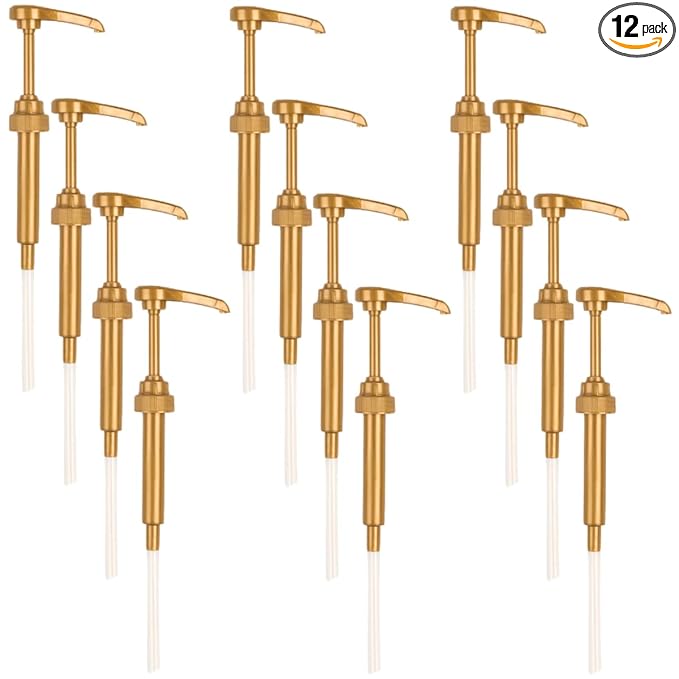 Gold Coffee Syrup Pump for 750 ml Bottles (Pack of 12) Fits Upouria, Torani, DaVinci, Jordans Skinny Syrups, and (Monin 1 Liter Plastic Bottles Only)