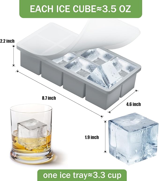 Large Ice Cube Molds, 2 Pack Easy Release Ice Trays for Freezer with Lid, Stackable Square Big Silicone Ice Cube Tray BPA Free Slow Melting for Bourbon Whiskey, Cocktails, Iced Coffee (Grey)