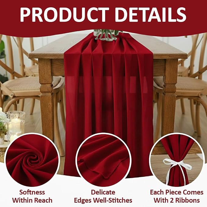 Pack of 10 | Maroon | 10ft Chiffon Table Runner 29x120 Inches Long Romantic Rustic Sheer Gauze Runner for Wedding Bridal Shower Birthday Banquets Engagement Spring Easter Boho Decorations - Image 5