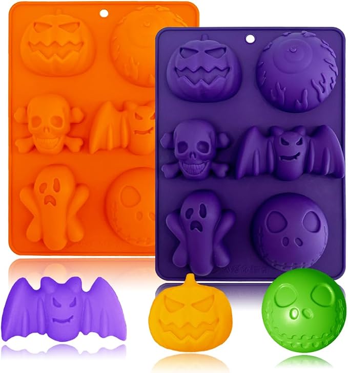 2 Pack Halloween Silicone Molds 6 Cavity Halloween Themed Molds Baking Mould Tray DIY Baking Tool for Aromatherapy Candles Chocolate Pudding Dessert Jelly Soap Cupcake Topper for Halloween Party Treat by BENEKIY