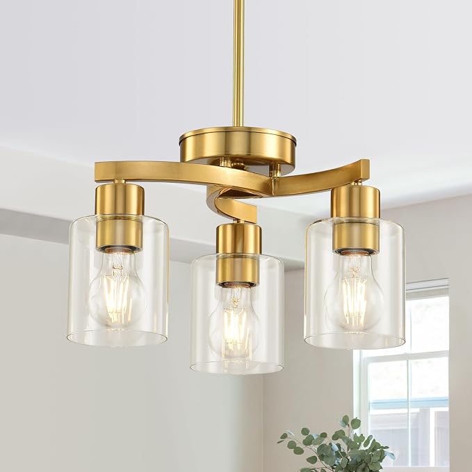 3 Light Brass Gold Dining Room Chandelier, Modern Industrial Pendant Light for Kitchen Island, Adjustable Height Hanging Ceiling Light Fixture with Clear Glass Shades,E26 Base,Dimmable - Image 7