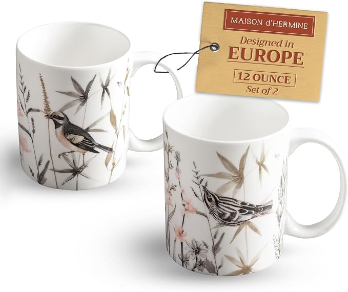 Maison d' Hermine Coffee Mug with Handles Tea Cups (12 Ounce, Pack of 2) | Fine Bone China Coffee Mugs for Hot Beverages Cappuccino Latte Home Restaurant Hotel Spring Summer -Meadow Florals - Brown by MaisondHermine
