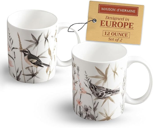 Maison d' Hermine Coffee Mug with Handles Tea Cups (12 Ounce, Pack of 2) | Fine Bone China Coffee Mugs for Hot Beverages Cappuccino Latte Home Restaurant Hotel Spring Summer -Meadow Florals - Brown by MaisondHermine