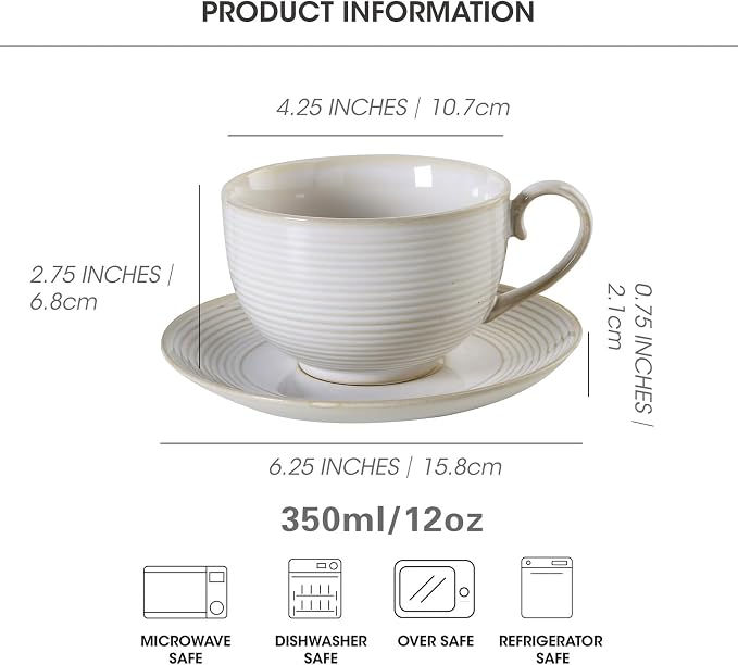 12Oz Coffee Cups with Saucers, Ceramic Espresso Cup Set of 4, Cappuccino Cups Set, Tea Mugs and Saucer, Microwave Dishwasher Safe Drinkware for Home, Cafe, Housewarming Gifts - Image 2