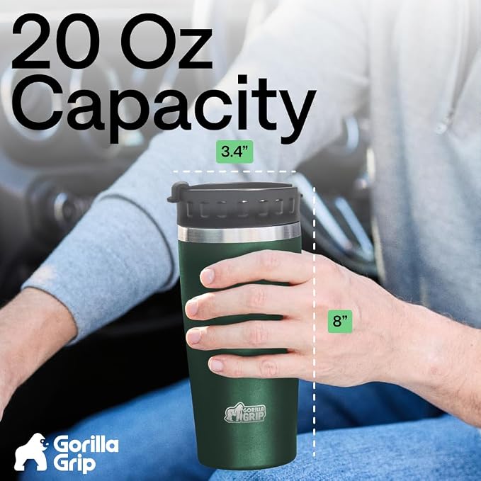 GORILLA GRIP 304 Stainless Steel Double Insulated Travel Coffee Mug, Leakproof Lid with Smooth Sip Top, Prevent Spills, Dent Resistant Reusable Tumbler Cup, Thermal Mugs for Drinks, 20oz, Hunter Green - Image 6