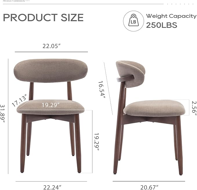 COLAMY Wooden Dining Chairs Set of 2, Modern Fabric Upholstered Dining Room Chair, Farmhouse Kitchen Chair with Foot Pegs, Camel - Image 2