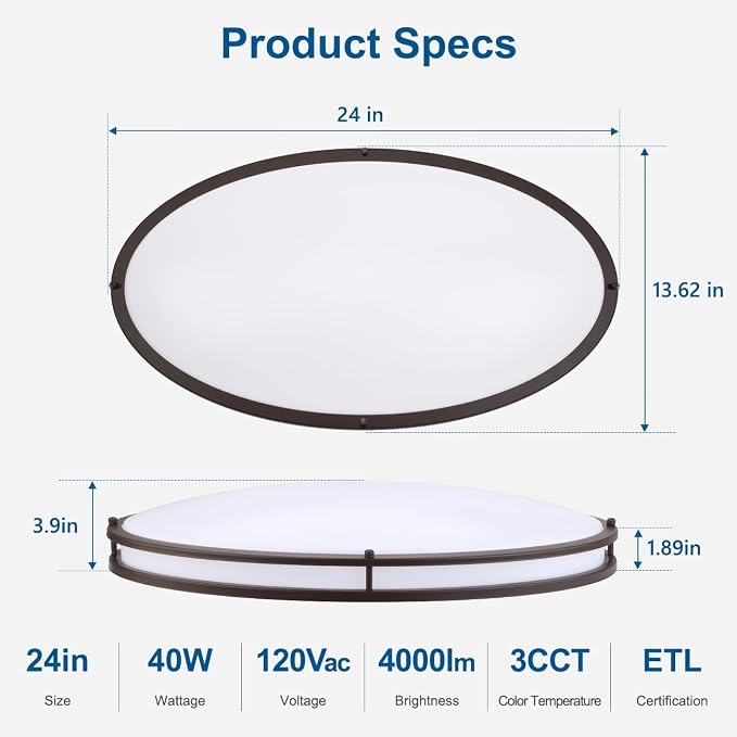 DAKASON 24Inch Oval LED Kitchen Ceiling Light Flush Mount, 40W Big LED Light Fixture Ceiling for Living Room, 3500K/4000K/5000K Dimmable, Modern for Dining Room/Laundry, Oil Rubbed Brown - Image 5