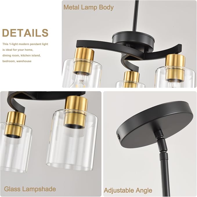 Black Brass Dining Room Chandelier, 3 Light Modern Industrial Pendant Light for Kitchen Island, Adjustable Height Ceiling Light with Clear Glass Shades,E26 Base,Dimmable - Image 6