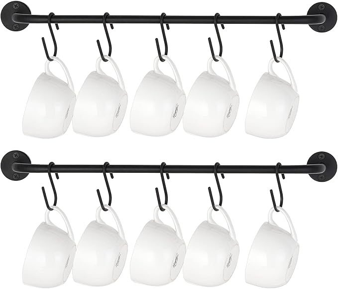Mkono Wall Mounted Mug Holder, Coffee Cup Hanger Rack with 10 Hooks, 2 Pack | Kitchen Rod, Space Saving, Easy Assembly, Wall & Under Cabinet, Durable Metal, Kitchen Dining Bar Organizer, Multi-Function by Mkono