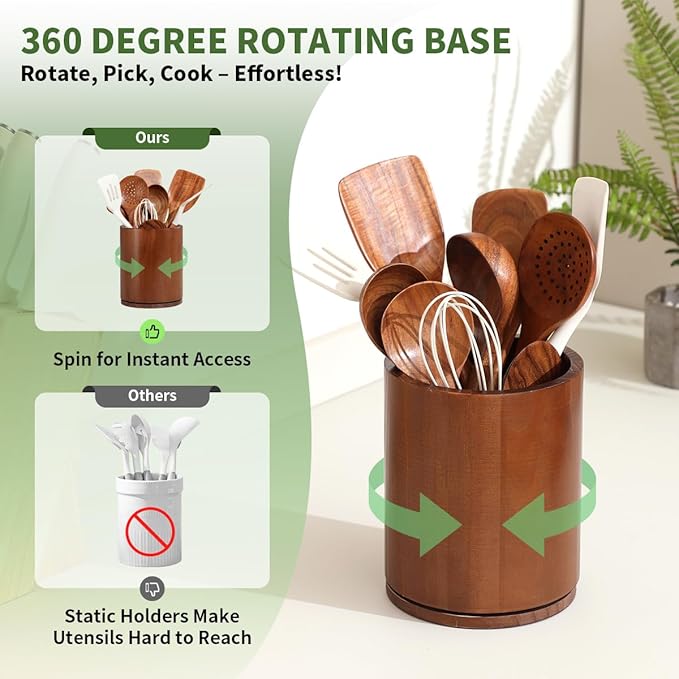 Walnut Utensil Holder, 360° Rotating 7.3 in Kitchen Organizer | Rustic farmhouse countertop decor. 360° rotating base holds spatulas, ladles, tongs, and cooking tools. Rich walnut finish - Image 2