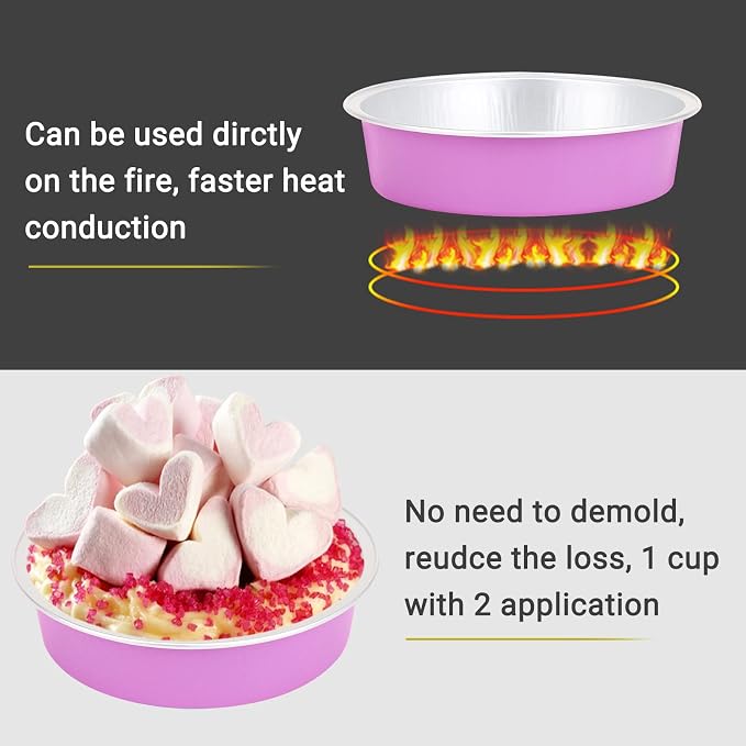 Beasea Disposable Mini Pans with Lids, 50 Pack 4” 8oz Light Pink Aluminum Baking Foil Tins Round Small Tart Container for Individual Cupcake Dessert Muffin Ramekin Cheesecake Quiche Oven Dishes - Image 3