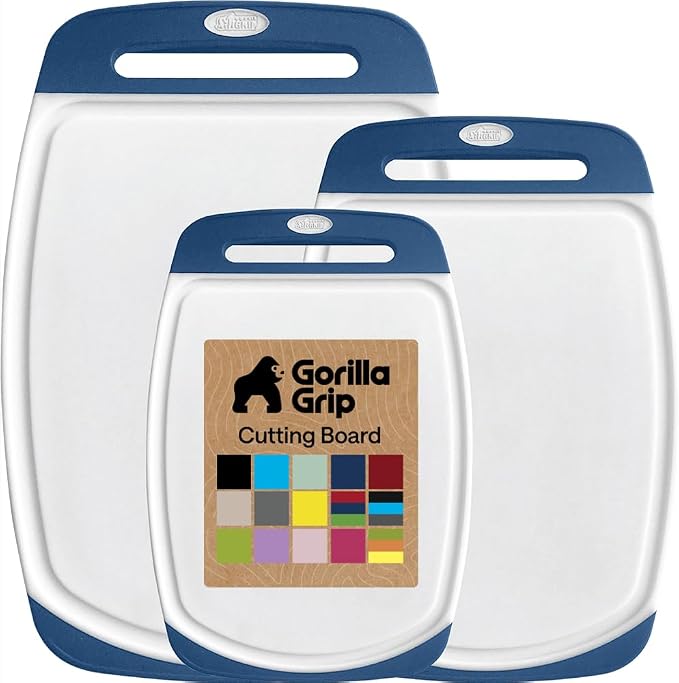 GORILLA GRIP BPA-Free Reversible Kitchen Cutting Board Set of 3, US Designed, Nonporous, Juice Grooves Catch Liquid, Slip Resistant Border, Dishwasher Safe, Durable Large Food Chopping Boards, Blue by Unknown