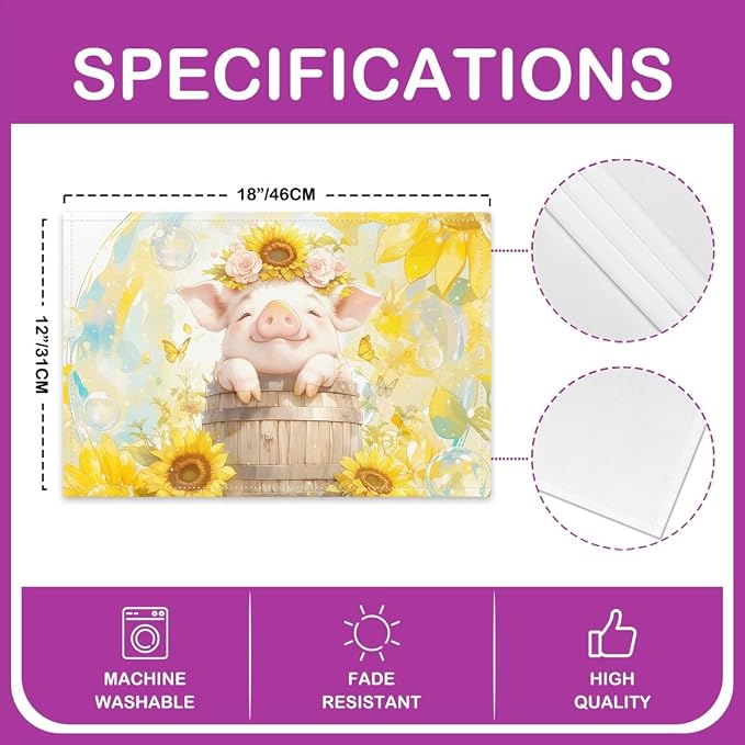 Feelyou Pig Placemats Set of 4 12"x18" Cartoon Pigs Placemats for Dining Table Indoor Outdoor Kitchen Lovely Animal Table Mats Placemat Farm Animal Decor Table Place Mats Sunflower - Image 4