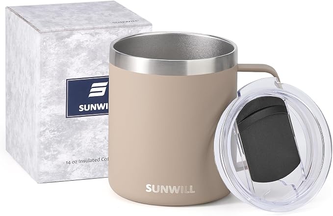 SUNWILL Travel Coffee Mug with Lid, Insulated Tumbler with Handle, 14oz Stainless Steel Cup for Camping, Office, Home, Powder Coated Taupe - Image 5