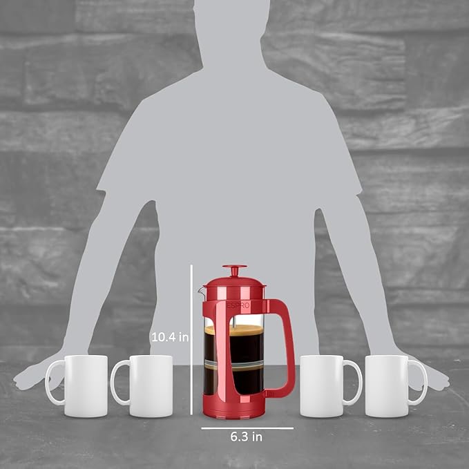 ESPRO P3 French Press Coffee Maker – Patented Double Micro-Filter for Grit-Free Brew, Heat Resistant thicker Borosilicate Glass Coffee press – Red (32oz)