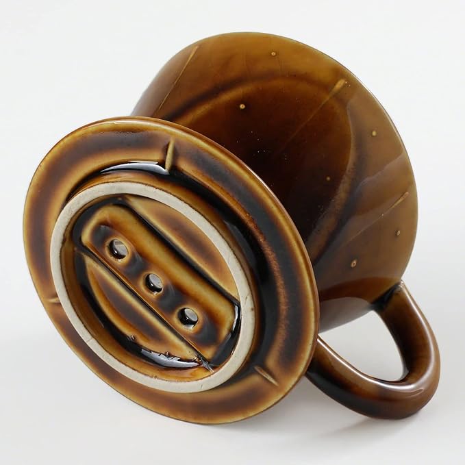 Asayu Japan Ceramic Coffee Pour Over Maker Set in Caramel, Slow Brewing Paper Filter Holder and Dripper with 3 Holes for Coffee and Tea (Complete 2PCS Set)