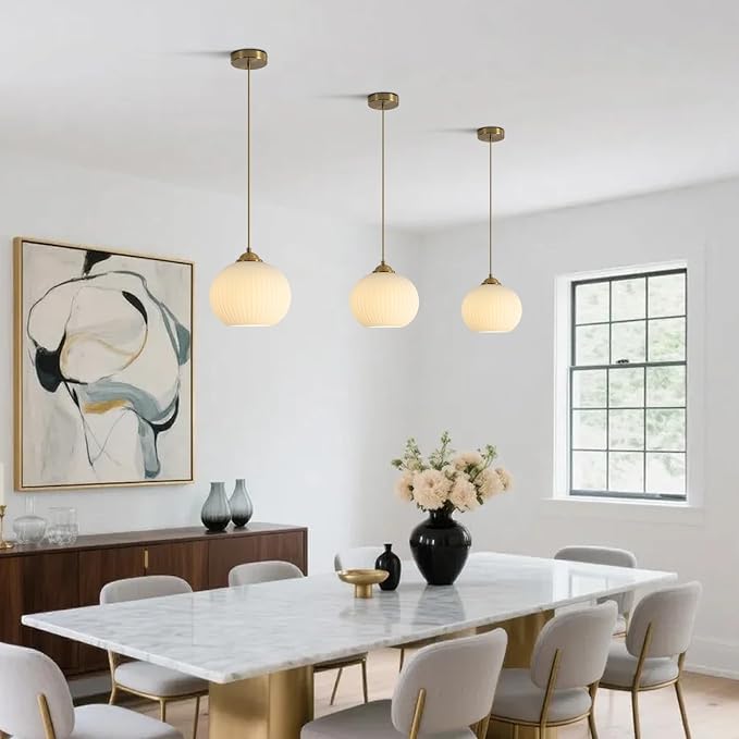 KCO Lighting Modern Brass Gold Globe 7.9” Ribbed Milk Glass Pendant Light | Small E26 Adjustable Cord Hanging Lamp, Mid Century Vintage Ceiling Light Fixture for Kitchen Island Dining Room Bedroom Bar - Image 6